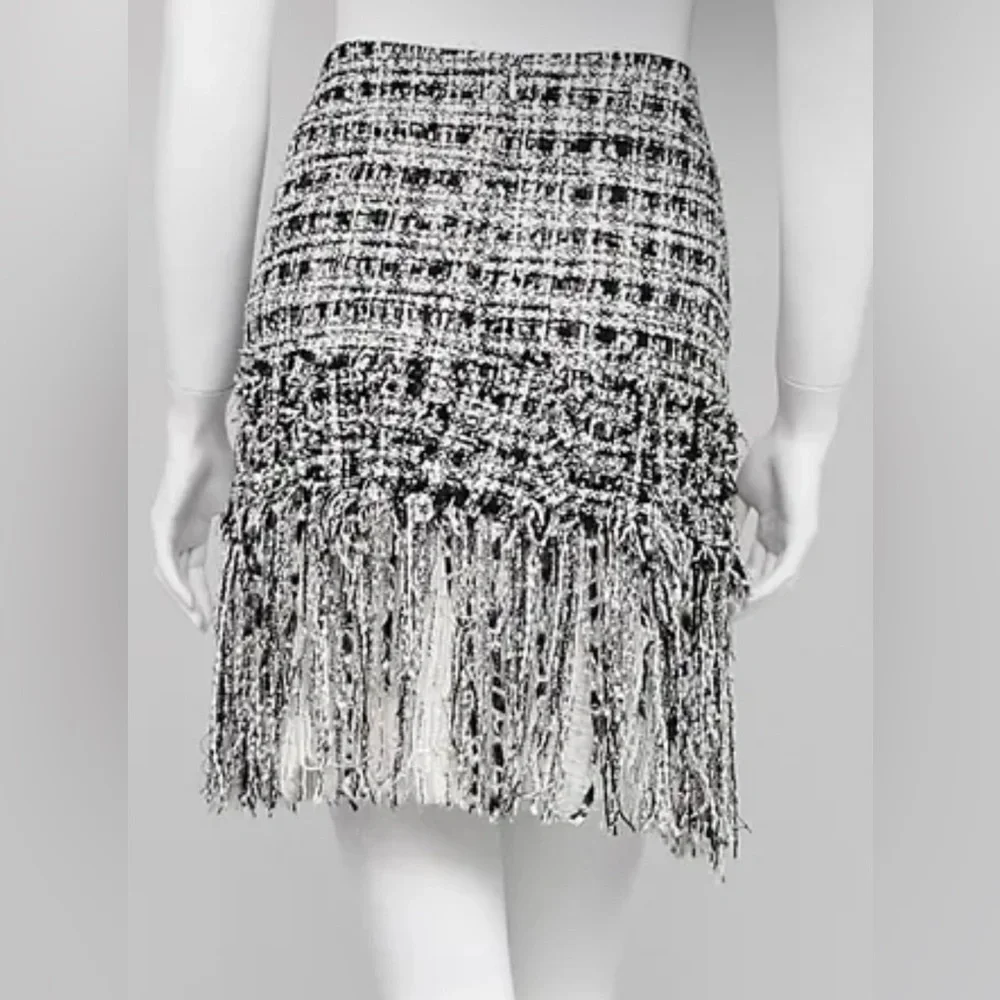 CHANEL Black and White Tweed Fringe and silk chiffon Mini Skirt 40 NO OFFERS